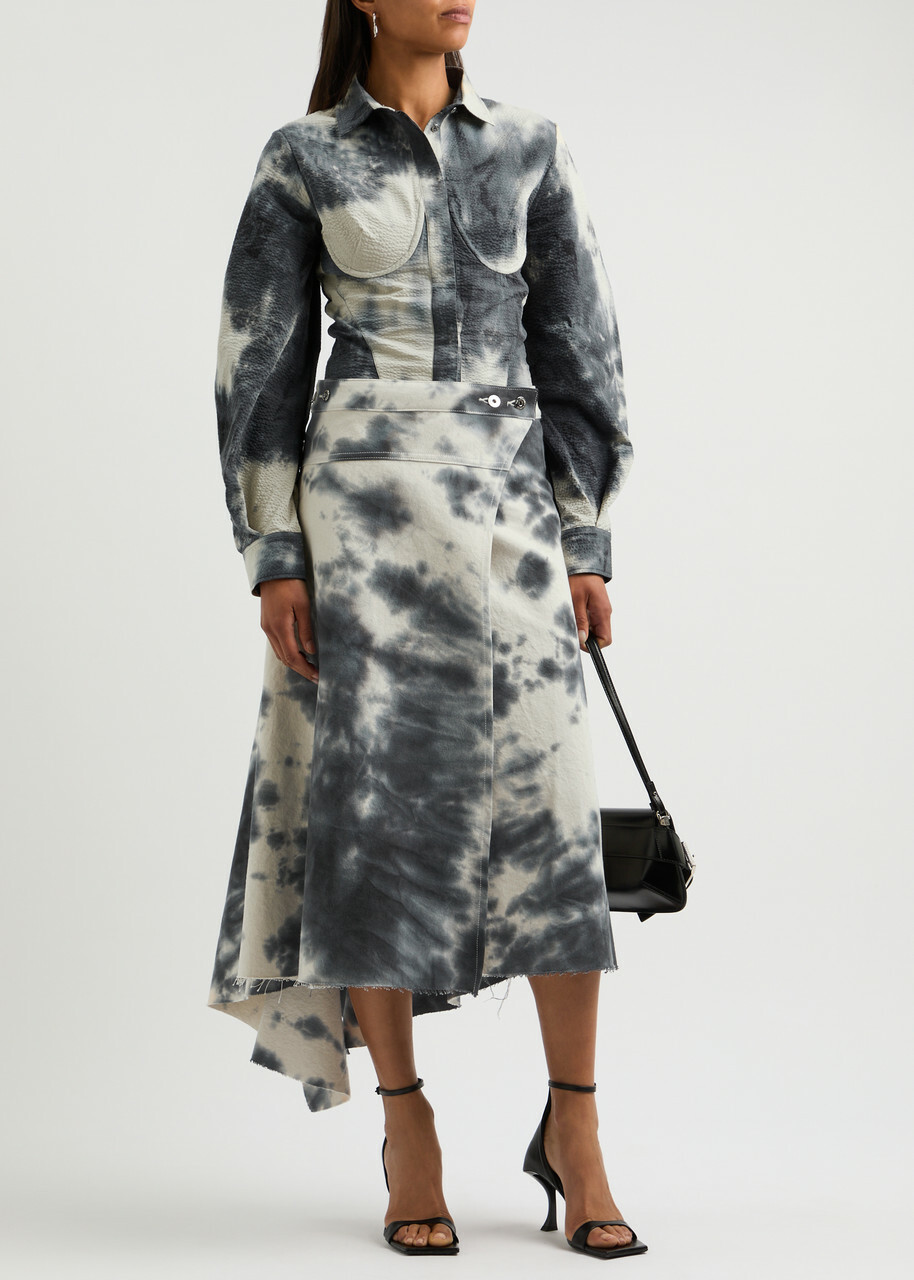 Marques' Almeida Tie-dye Asymmetric Denim Wrap Skirt Cream