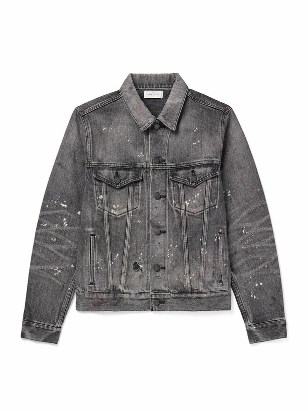 Photo: John Elliott - Thumper Type III Distressed Paint-Splattered Selvedge Denim Trucker Jacket - Gray