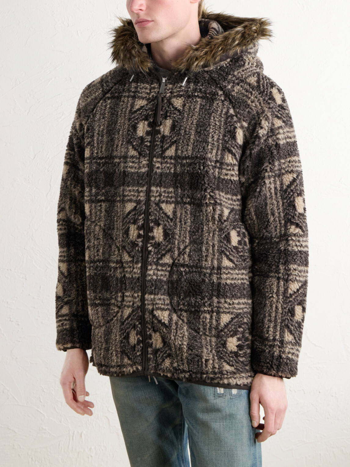 RRL - Hooded Plush-Trimmed Fleece Jacket - Brown