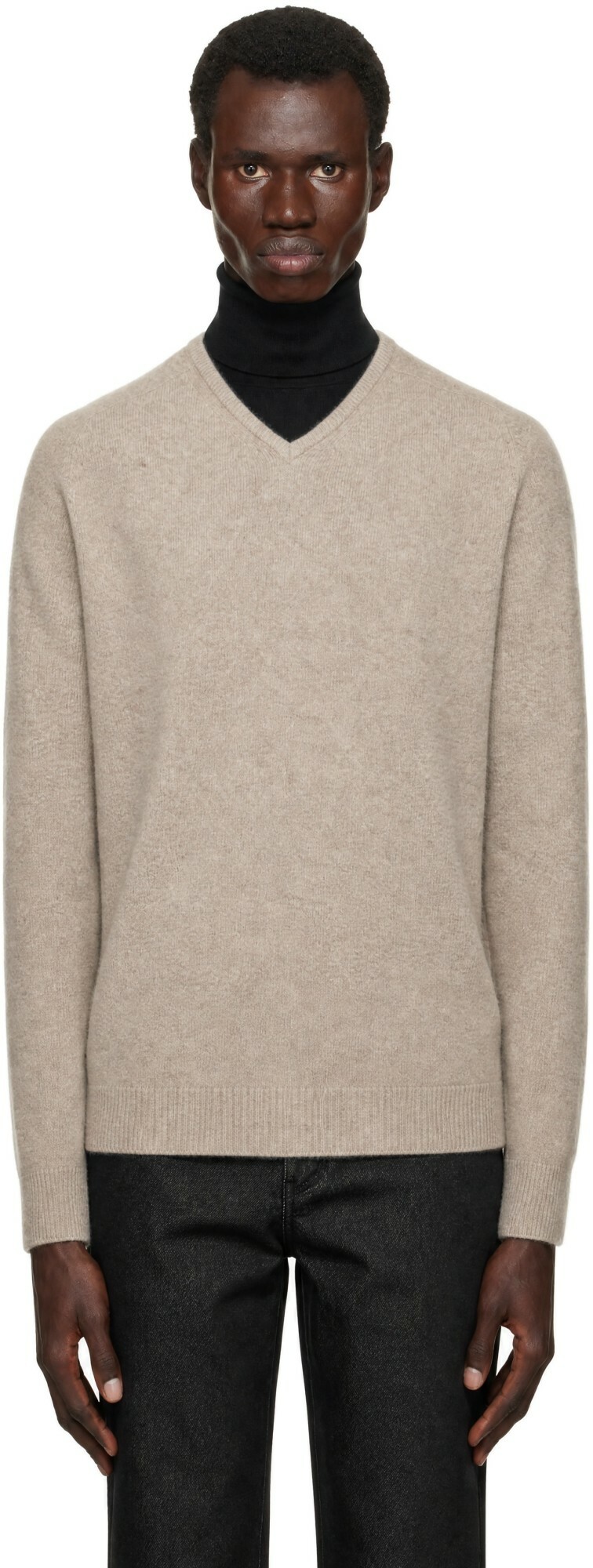 AMOMENTO Beige Racoon V-Neck Sweater