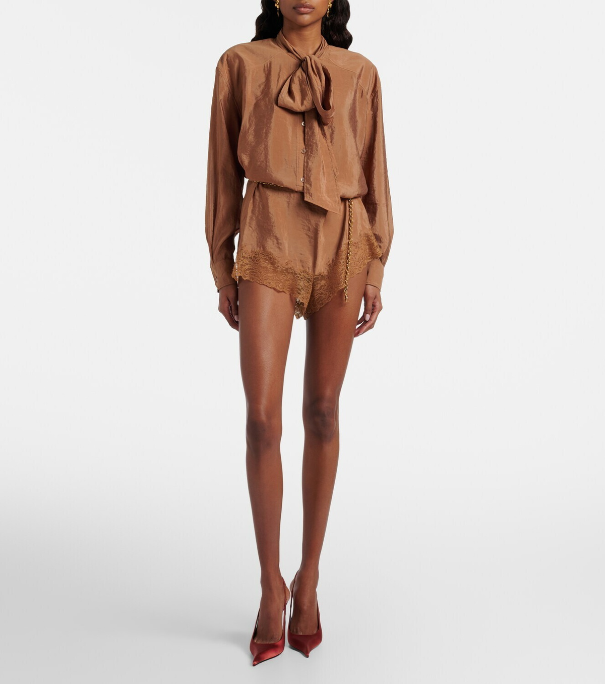 Saint Laurent Lace-trimmed tie-neck romper