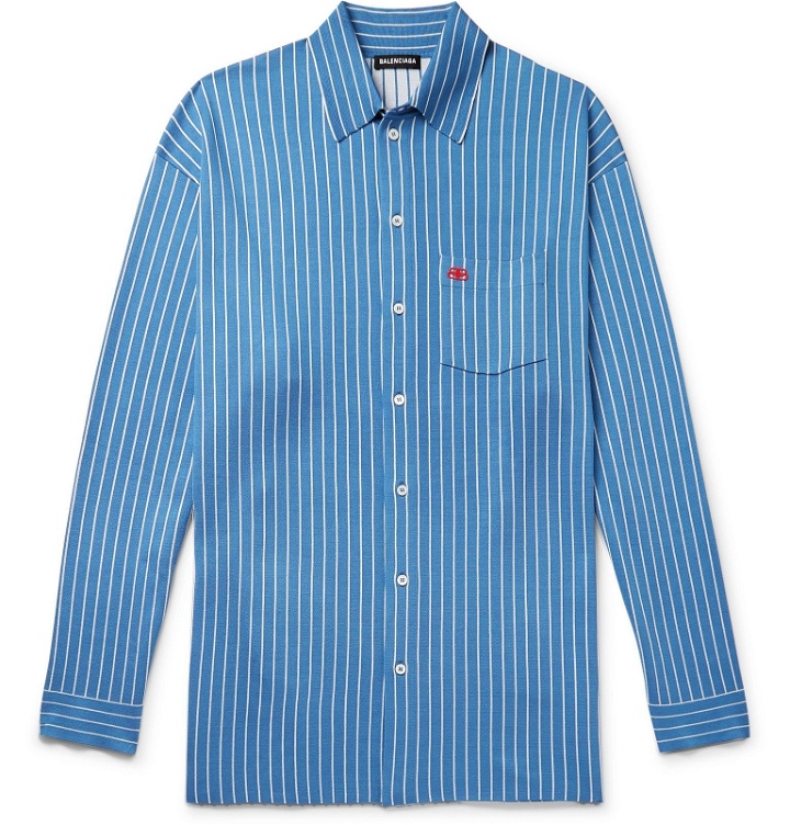 Photo: Balenciaga - Oversized Logo-Embroidered Pinstriped Silk-Blend Shirt - Blue