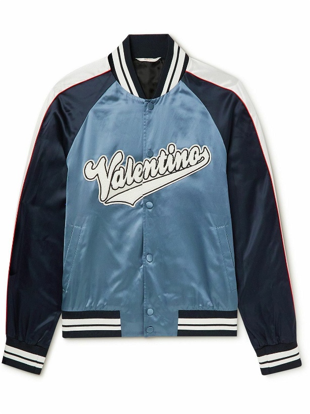Photo: Valentino - Logo-Appliquéd Colour-Block Satin Bomber Jacket - Blue
