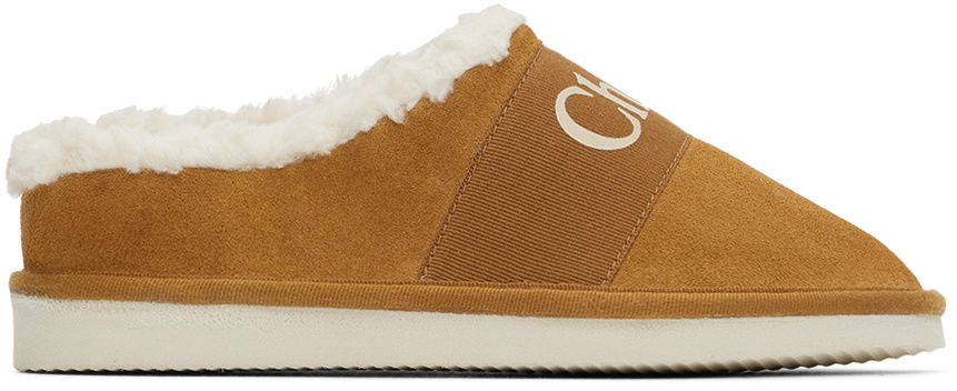 Chloé Kids Tan Faux-Shearling Slippers