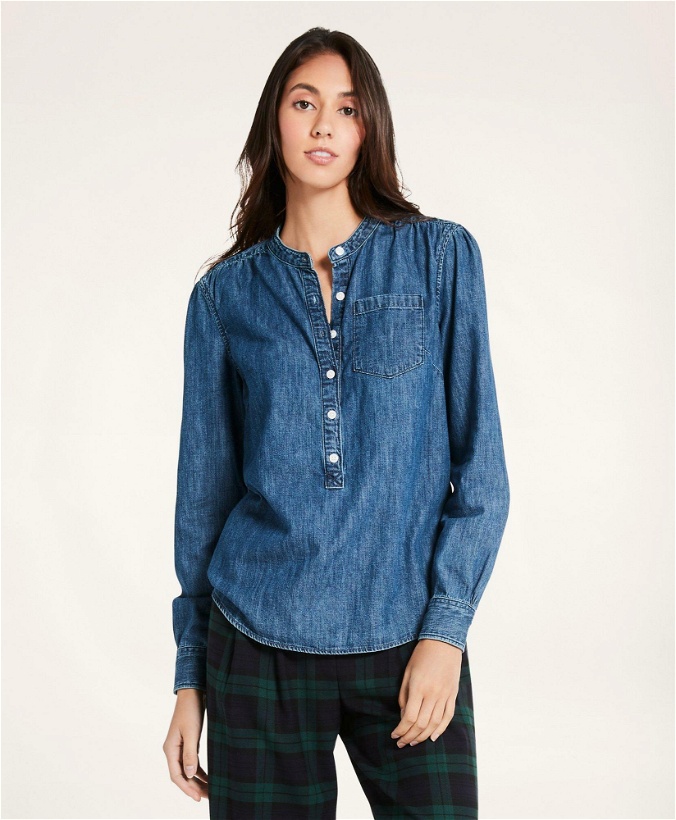 Photo: Brooks Brothers Women's Chambray Popover Shirt | Blue