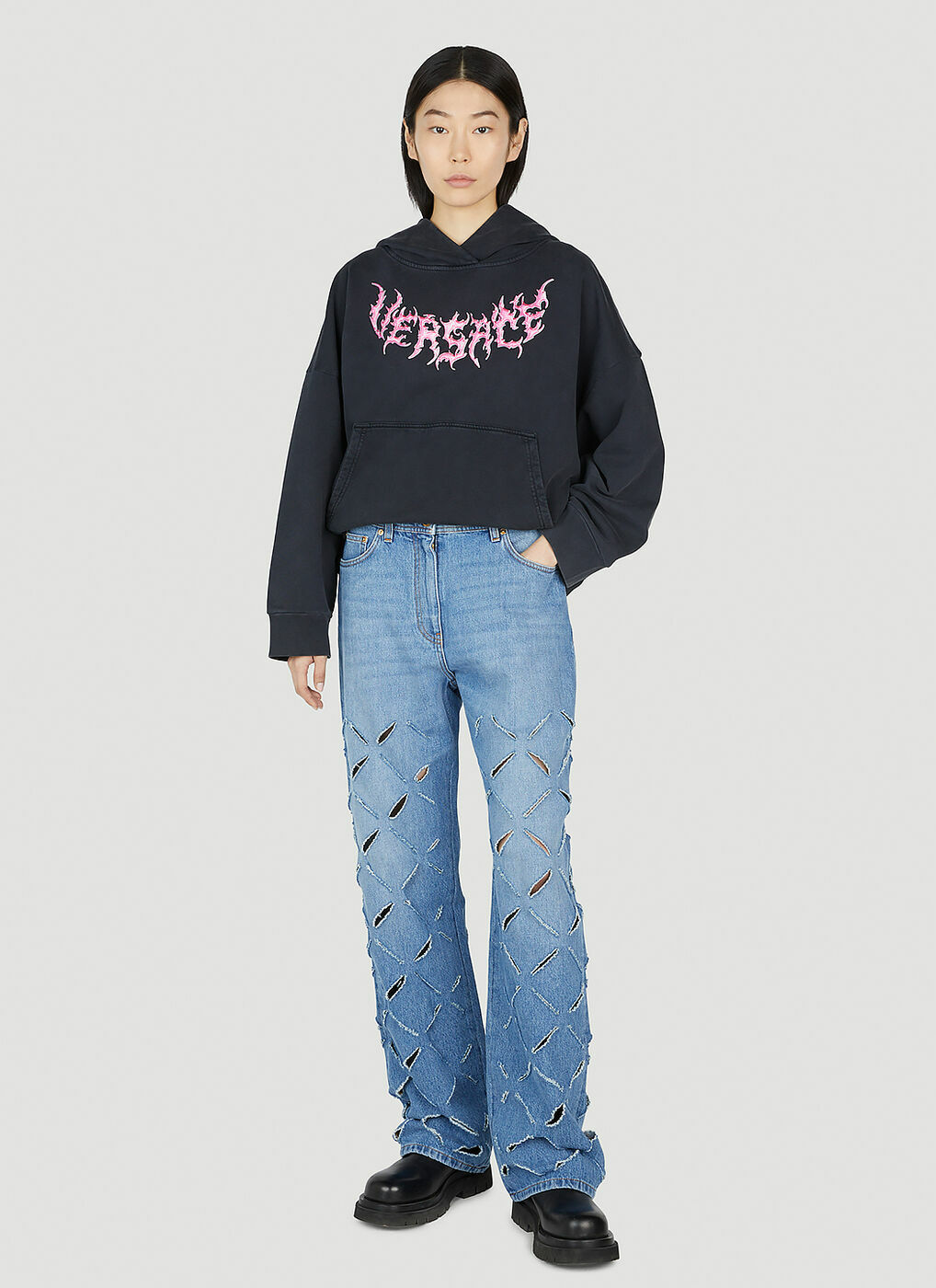 Versace - Slashed Wide-Leg Jeans in Blue Versace
