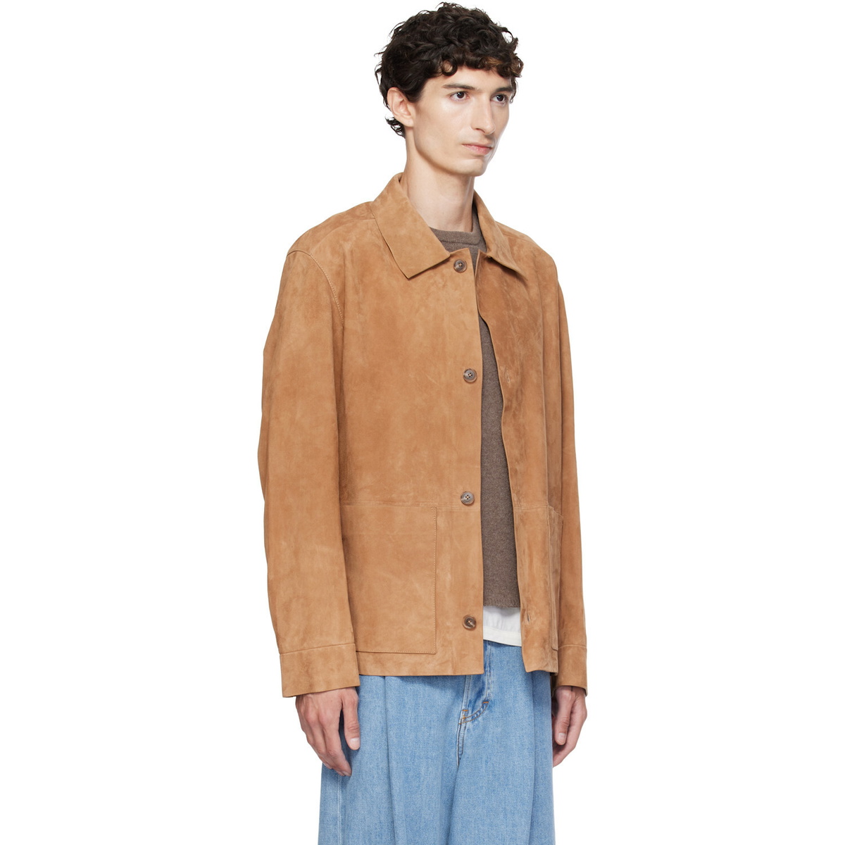 BOSS Tan Button-Up Suede Checkered Lining Leather Jacket