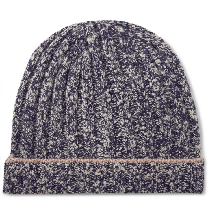 Photo: Brunello Cucinelli - Contrast-Tipped Ribbed Mélange Wool and Cashmere-Blend Beanie - Blue