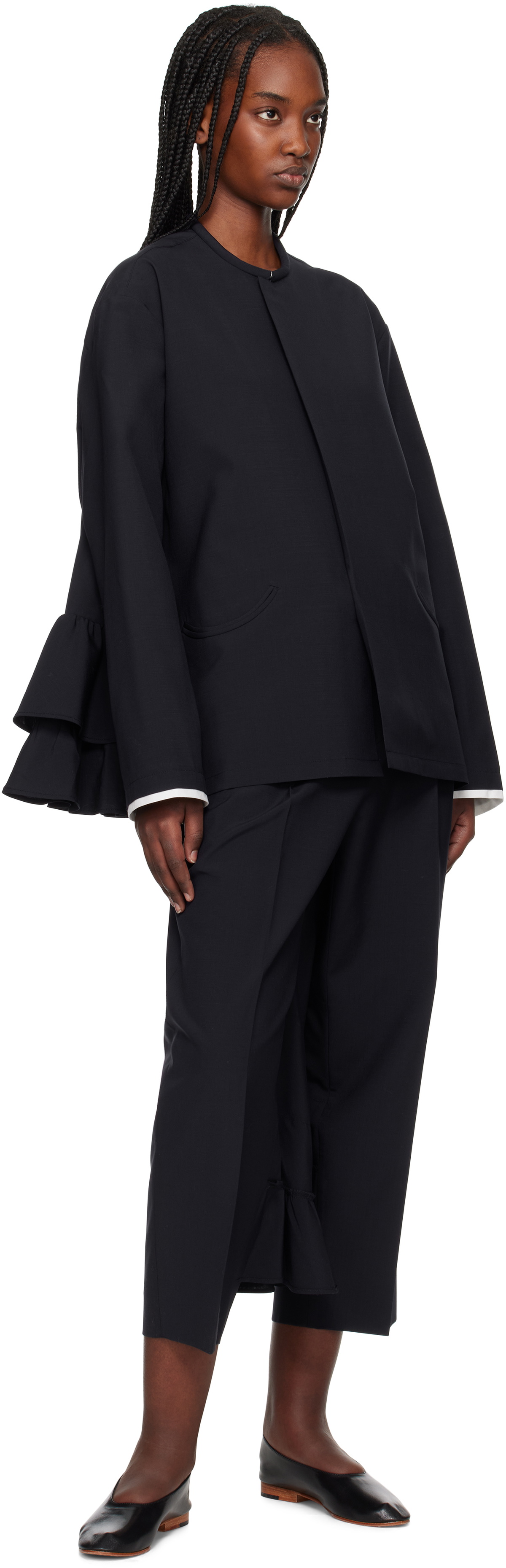 AO Yes Navy Round Collar Ruffle Blazer