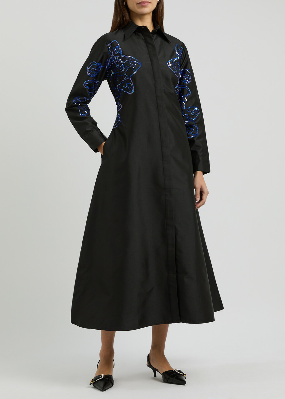 Lovebirds Sequin-embellished Taffeta Midi Shirt Dress Black