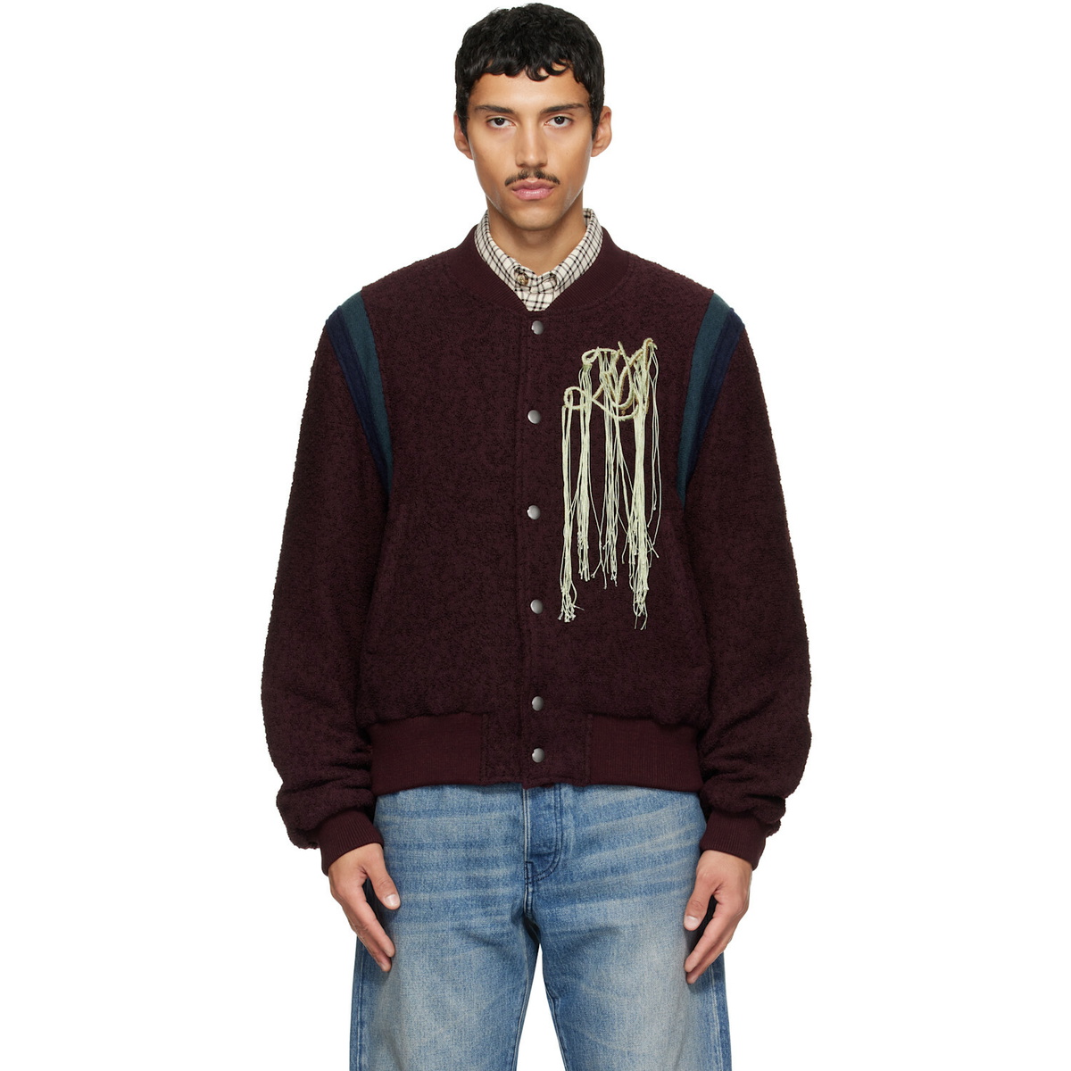 Dries Van Noten Burgundy Fringe Bomber Jacket