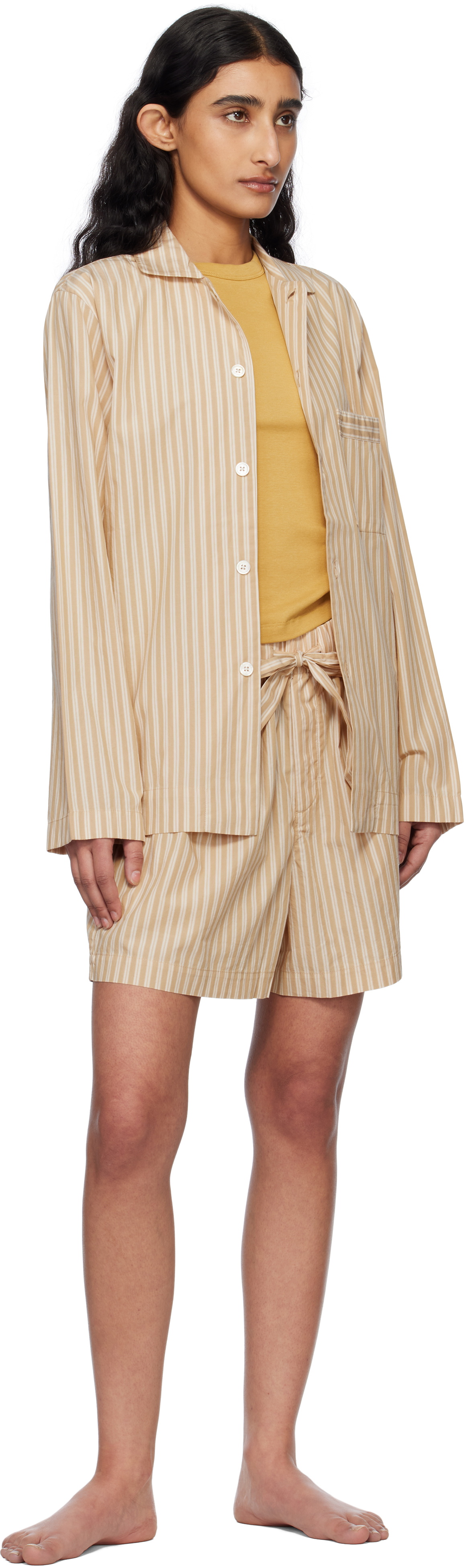 Tekla Tan & Beige Poplin Long-Sleeved Pyjama Shirt