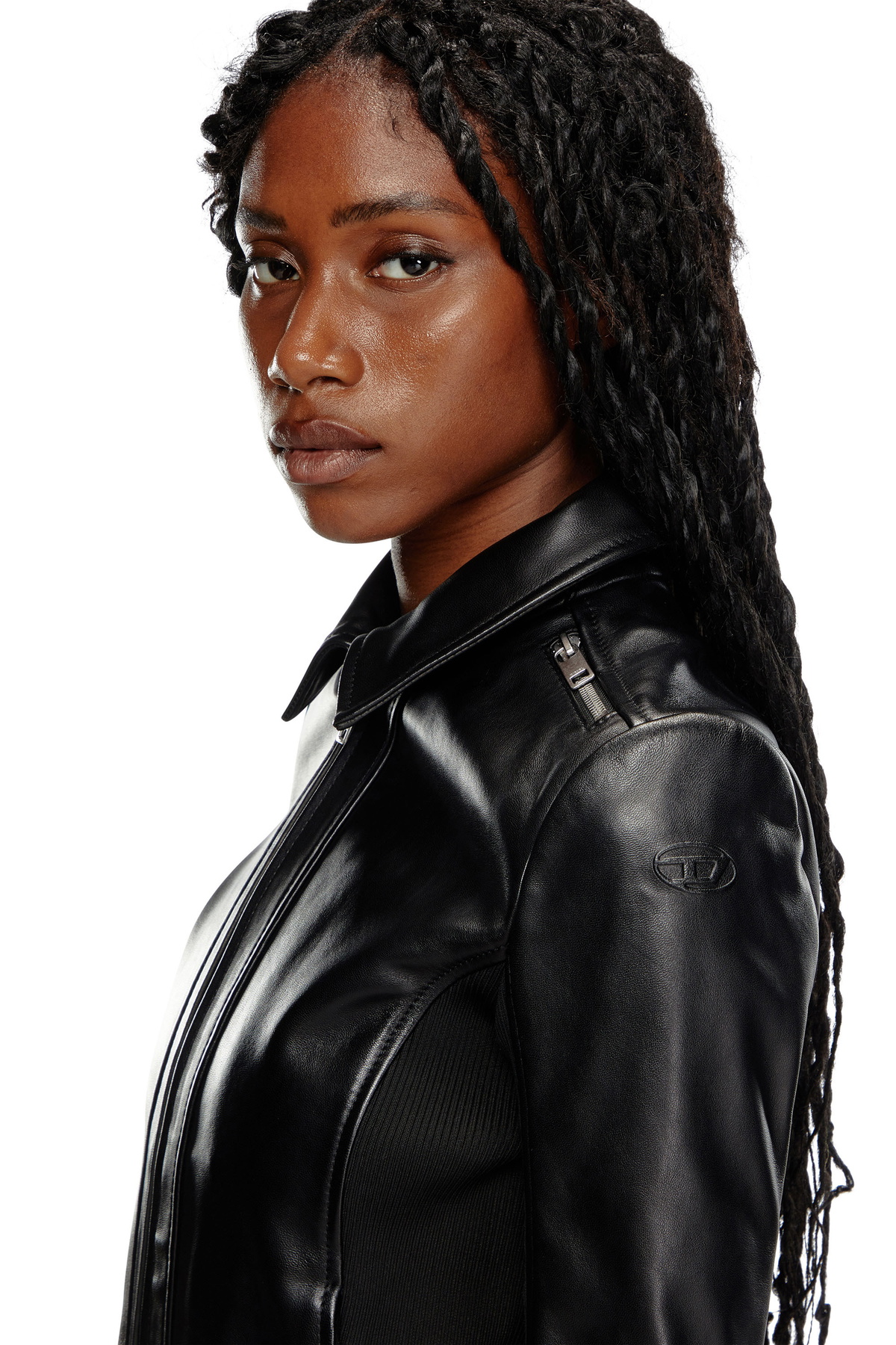 Diesel Leather biker jacket with rib panels - Leather jackets Womens in Black