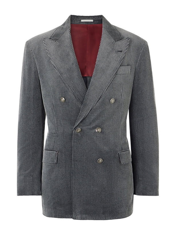Photo: Brunello Cucinelli - Slim-Fit Double-Breasted Cotton-Corduroy Suit Jacket - Gray