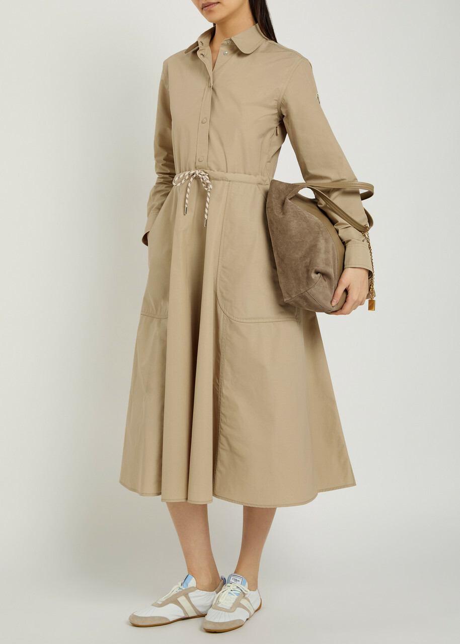 Moncler Drawstring Poplin Midi Shirt Dress Beige
