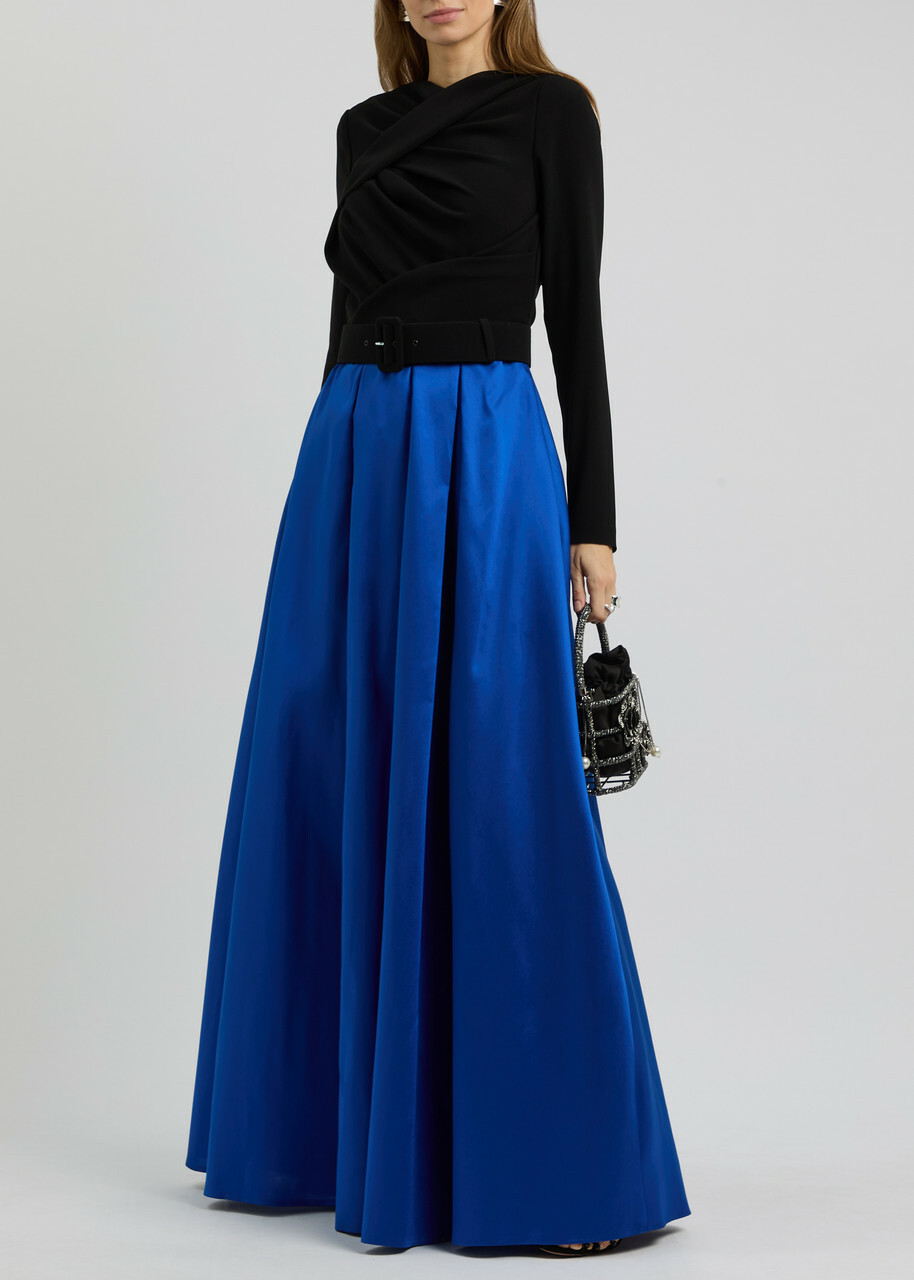 Talbot Runhof Colour-blocked Satin and Woven Maxi Dress Blue
