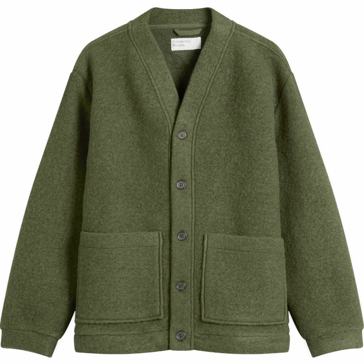 Photo: Universal Works Men's Presented by END. Wool Fleece Adv Cardigan in Olive