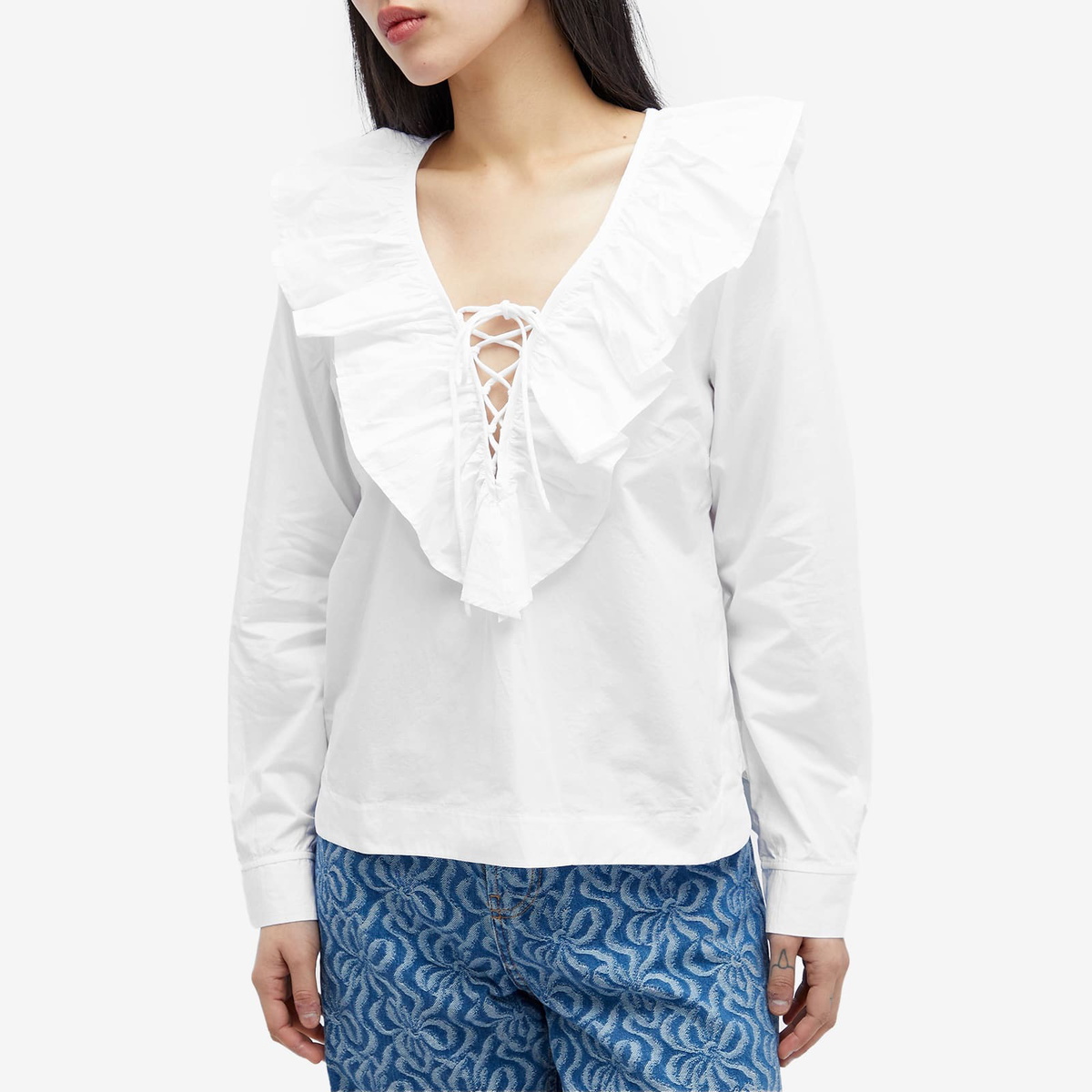 GANNI Women's Cotton Poplin Ruffle V-neck Blouse in Bright White GANNI