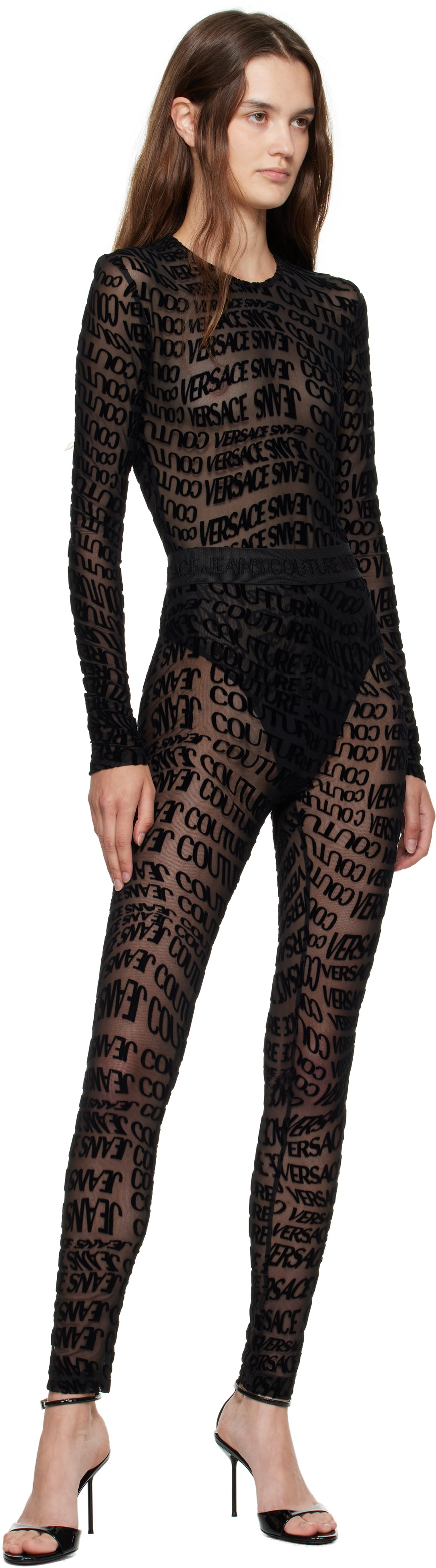 Versace Jeans Couture Black Tulle Flock Liquify Leggings