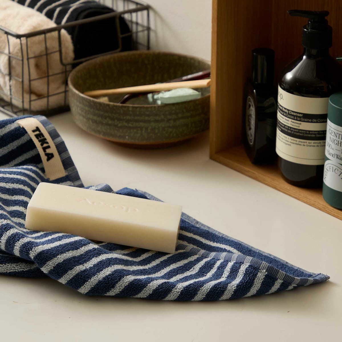 Tekla Fabrics Organic Terry Hand Towel in River Stripes 