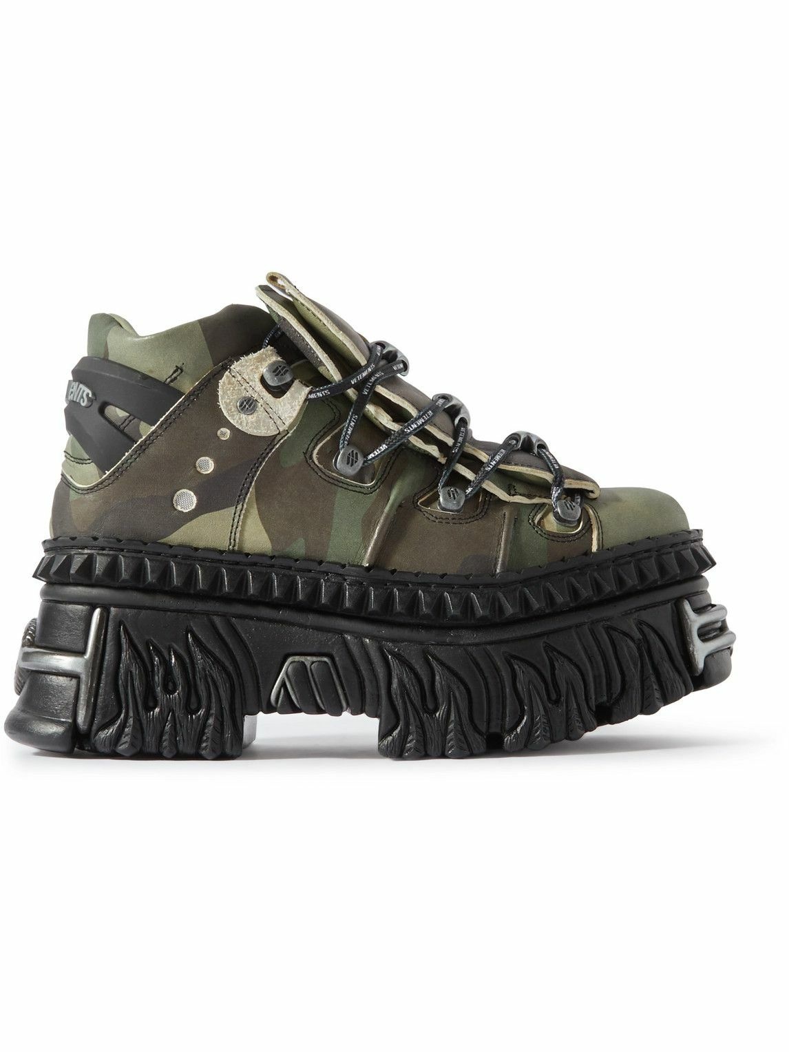 Photo: VETEMENTS - New Rock Embellished Camouflage-Print Leather Platform Sneakers - Green