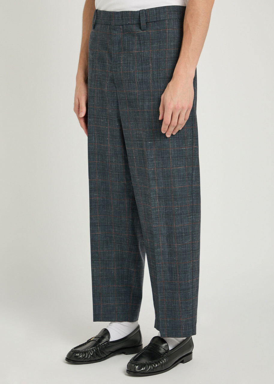 Jil Sander Checked Straight-leg Wool and Linen-blend Trousers Black