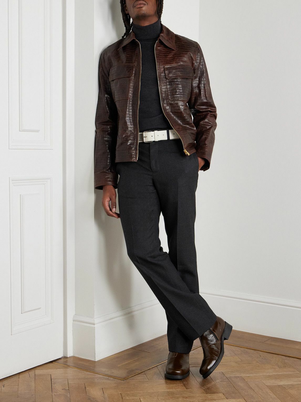 AMIRI - Croc-Effect Leather Jacket - Brown