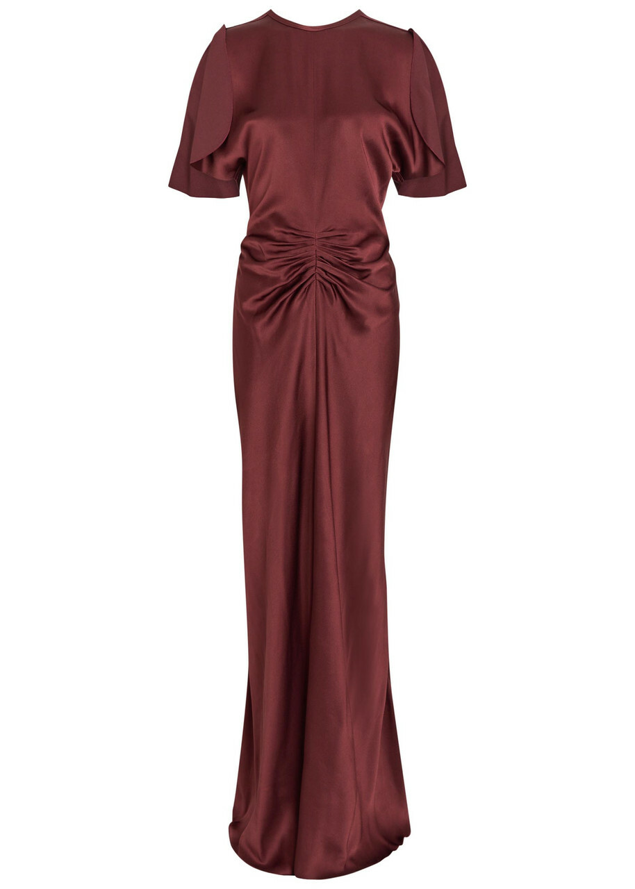 Victoria Beckham Gathered Satin-crepe Midi Dress Dark Red