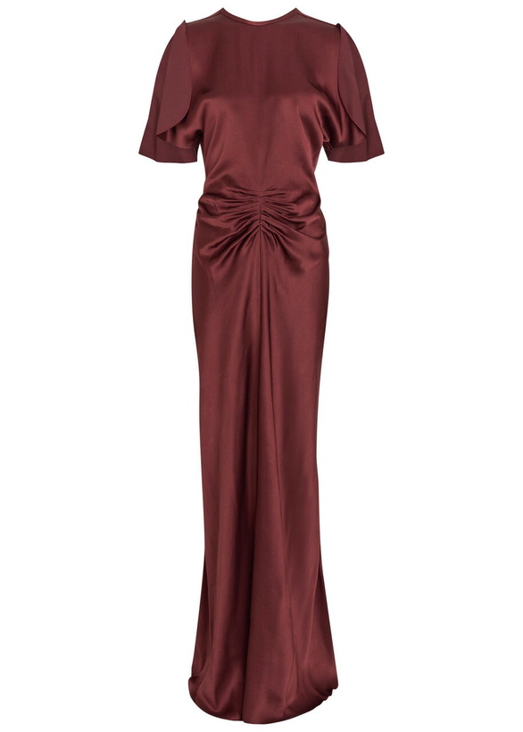 Photo: Victoria Beckham Gathered Satin-crepe Midi Dress Dark Red