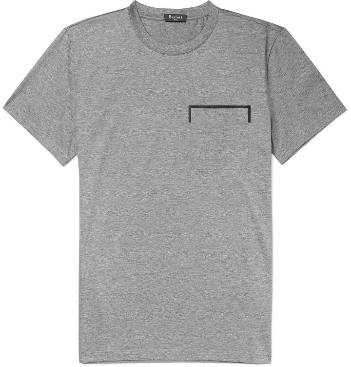 Photo: Berluti - Leather-Trimmed Mélange Cotton-Jersey T-Shirt - Men - Gray