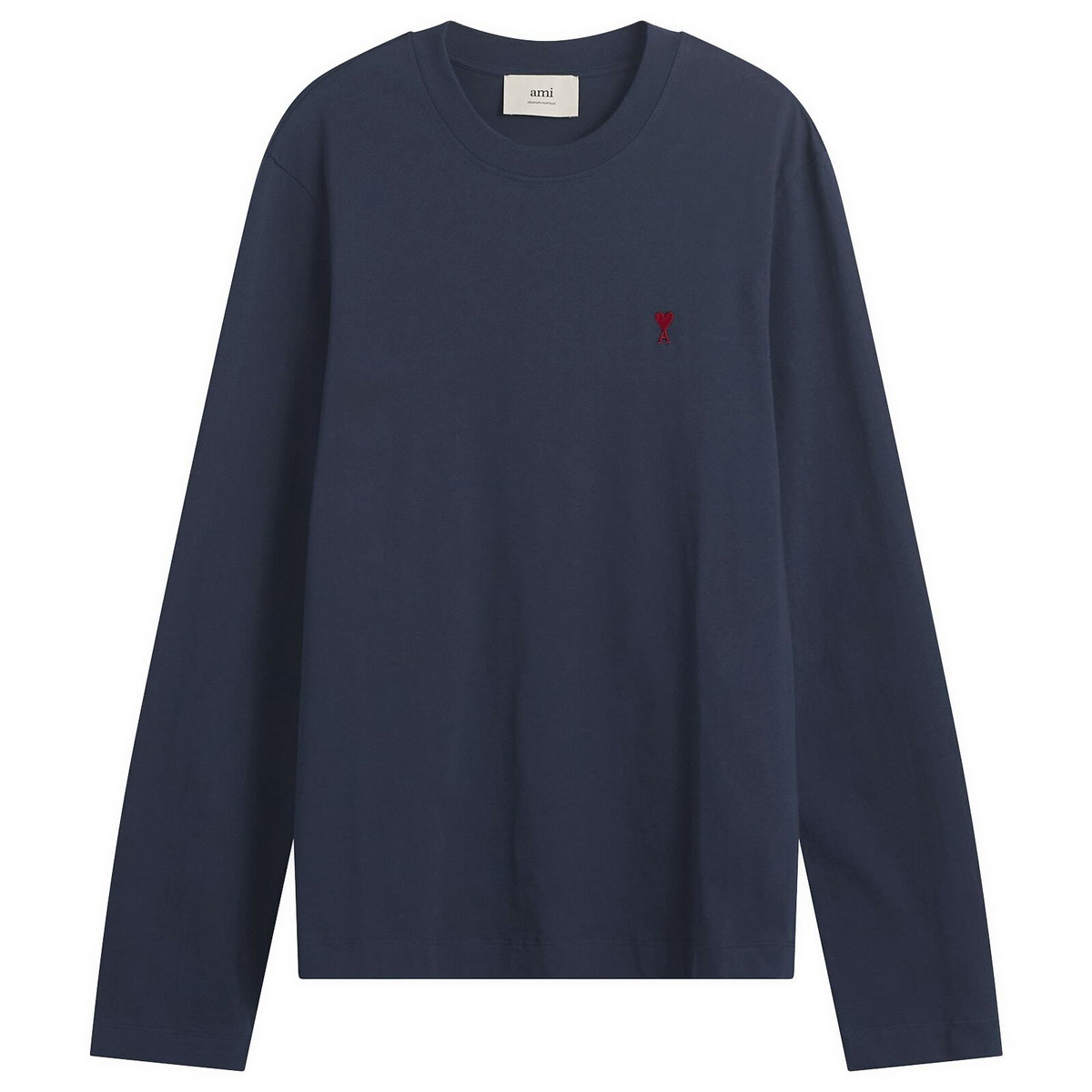 AMI Paris Men's Red Ami De Coeur Long Sleeve T-Shirt in Bleu Nuit
