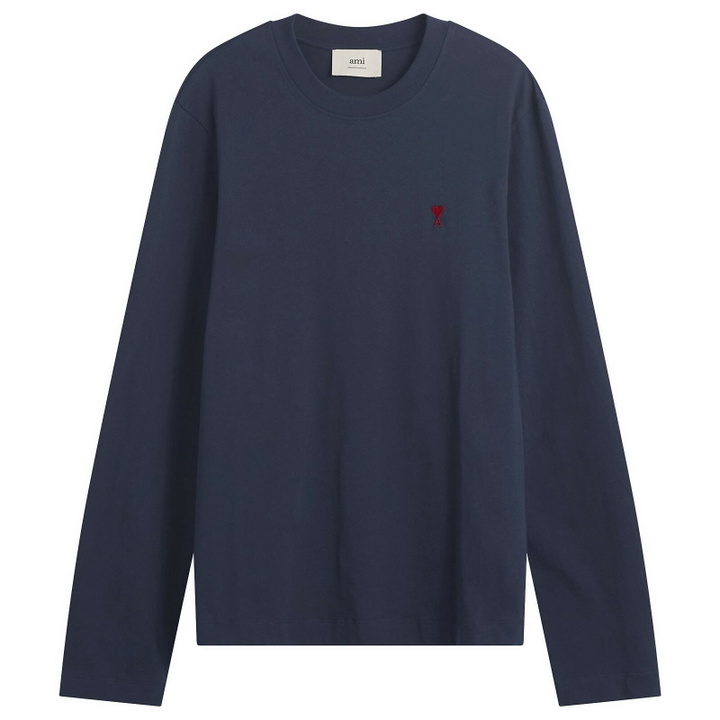 Photo: AMI Paris Men's Red Ami De Coeur Long Sleeve T-Shirt in Bleu Nuit
