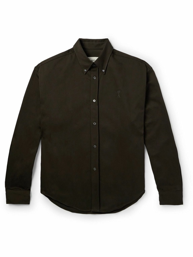 Photo: AMI PARIS - Button-Down Collar Logo-Embroidered Cotton Shirt - Brown