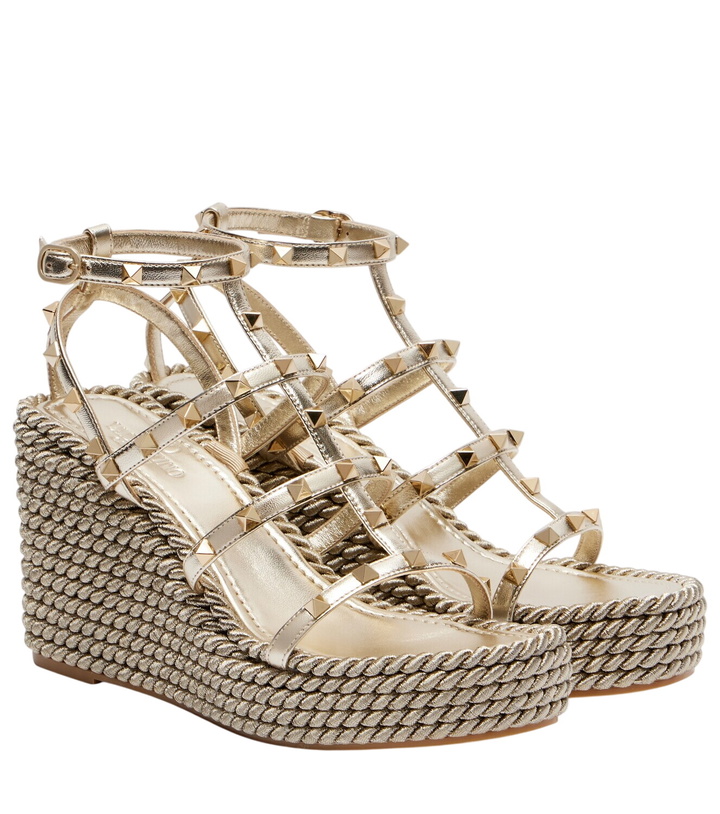 Photo: Valentino Garavani Rockstud Torchon leather wedge espadrilles