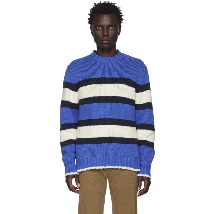 Photo: Officine Generale Blue and White Striped Ribbed Sweater