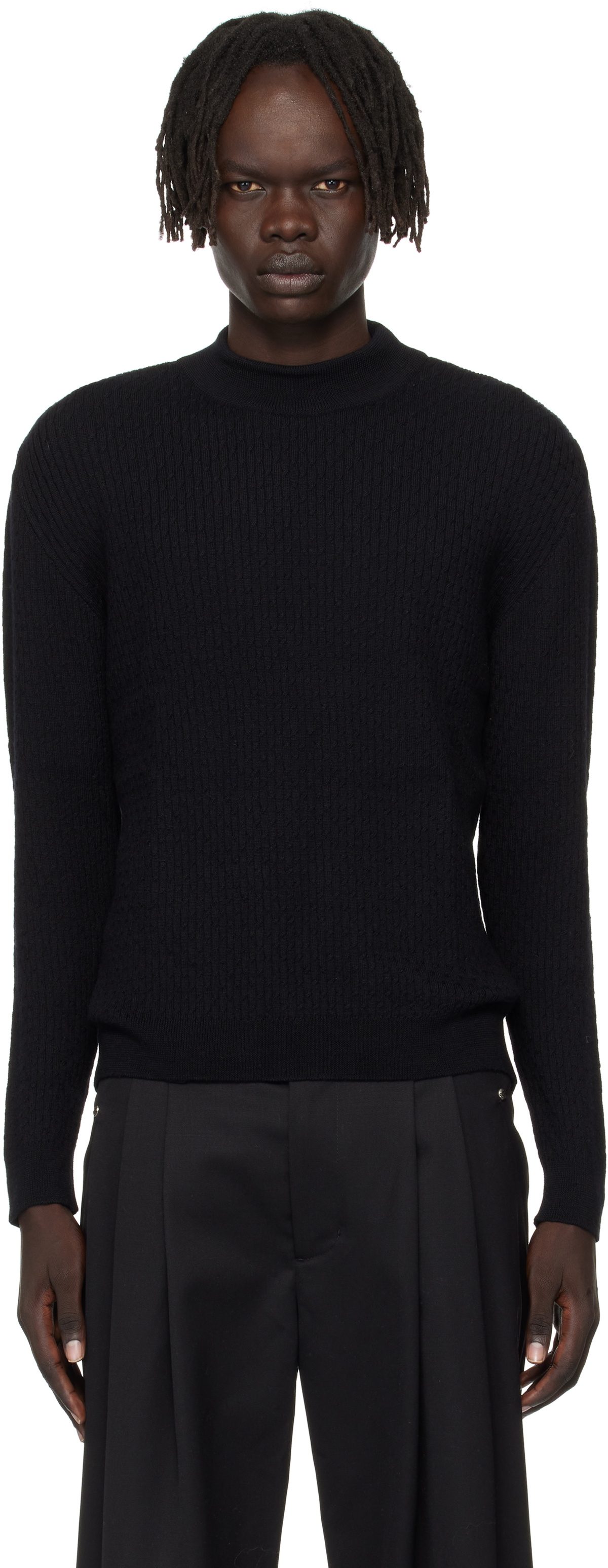 Ernest W. Baker Black Mock Neck Cable-Knit Sweater