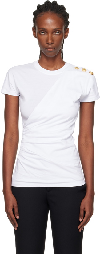 Photo: Balmain White Short-Sleeved Draped Jersey T-shirt
