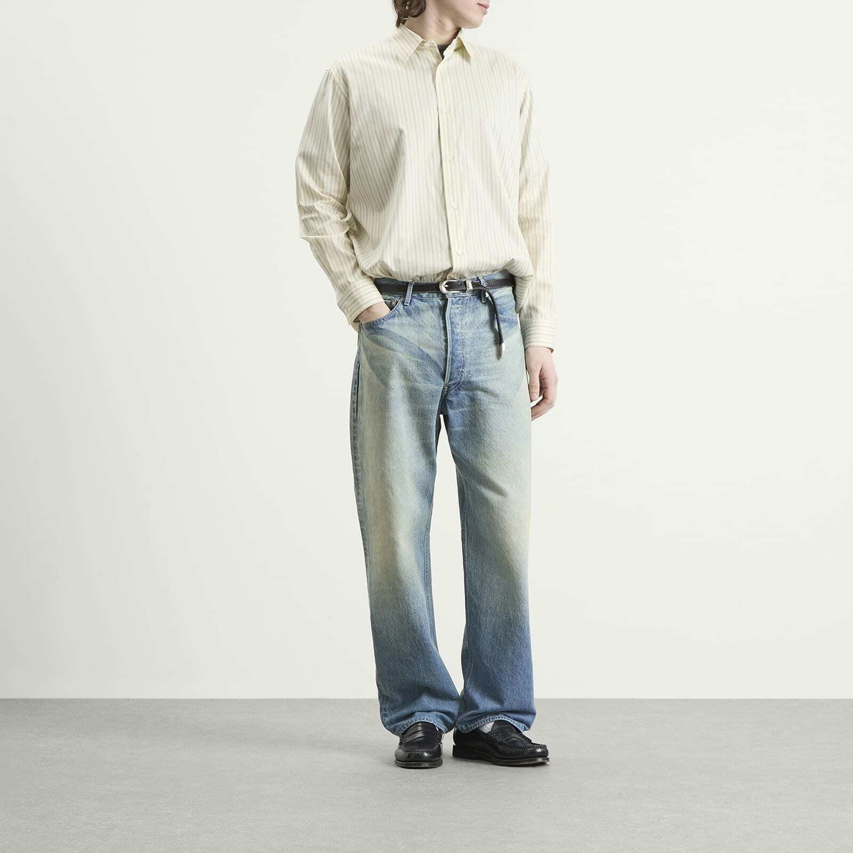 Auralee Men's Cotton Silk Stripe Shirt in Ivory Stripe Auralee