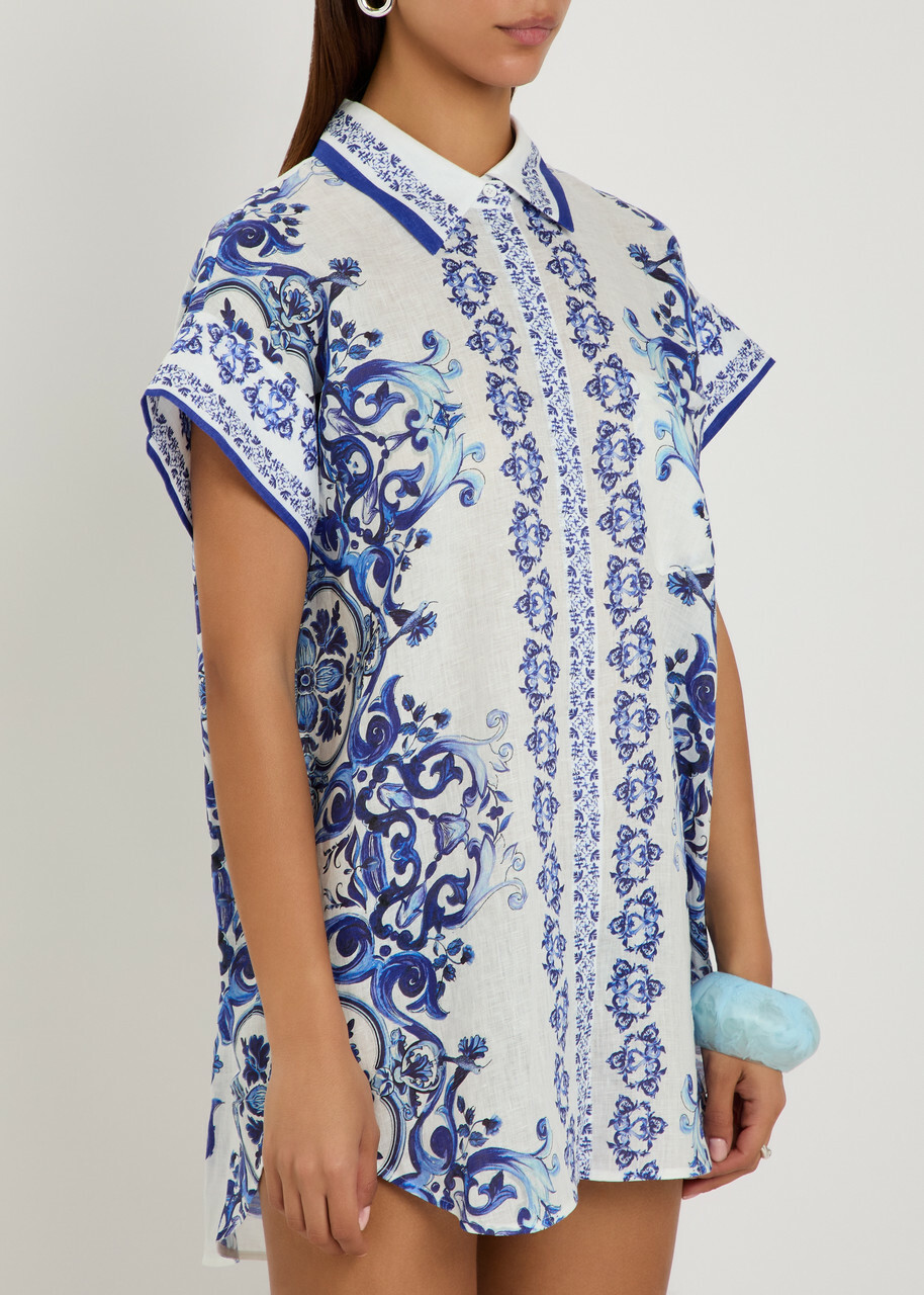 Alice + Olivia Finely Printed Linen Mini Shirt Dress Blue And White