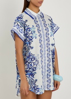 Alice + Olivia Finely Printed Linen Mini Shirt Dress Blue And White
