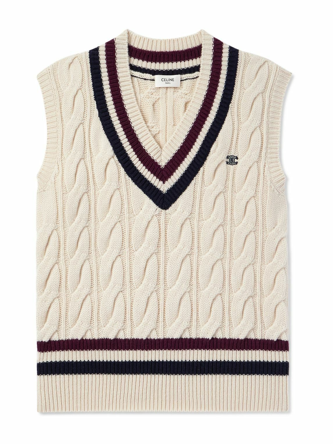 CELINE - Logo-Appliquéd Cable-Knit Striped Cashmere Sweater Vest - Neutrals