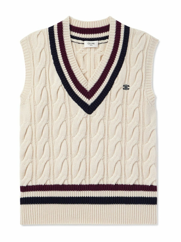 Photo: CELINE - Logo-Appliquéd Cable-Knit Striped Cashmere Sweater Vest - Neutrals
