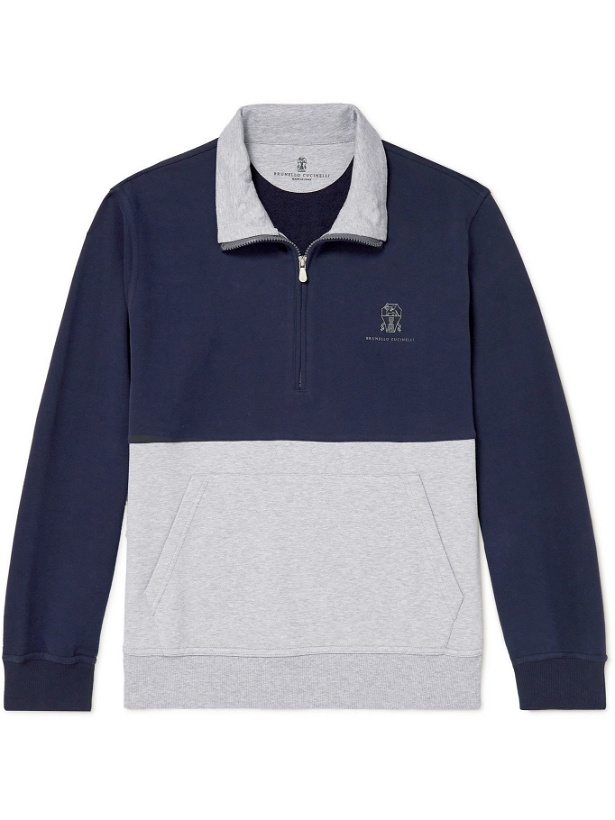 Photo: BRUNELLO CUCINELLI - Logo-Print Two-Tone Cotton-Jersey Half-Zip Sweatshirt - Blue