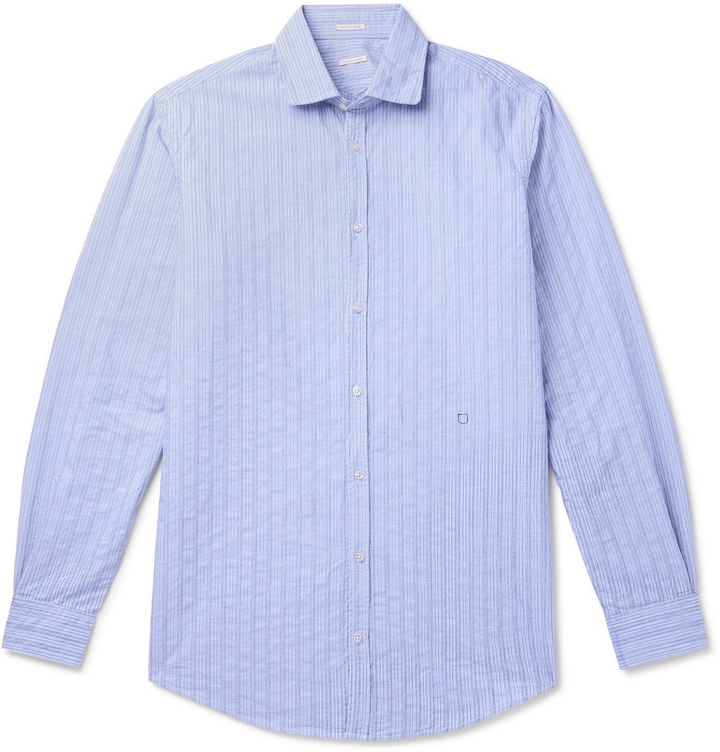 Photo: Massimo Alba - Canary Embroidered Striped Cotton-Poplin Jacquard Shirt - Blue