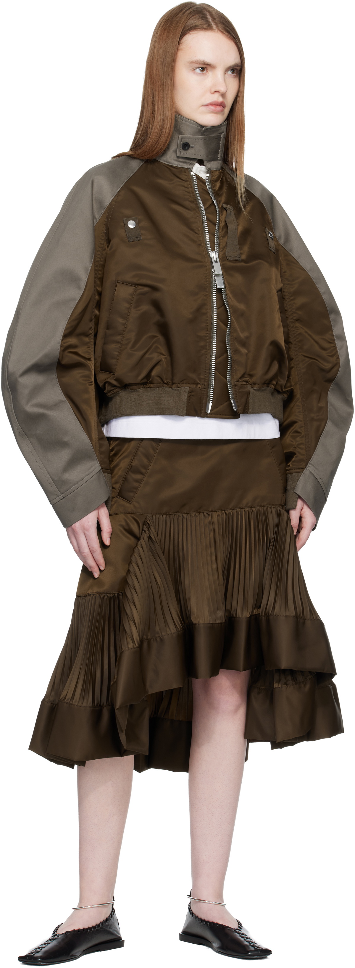 sacai Brown Nylon Twill Midi Skirt