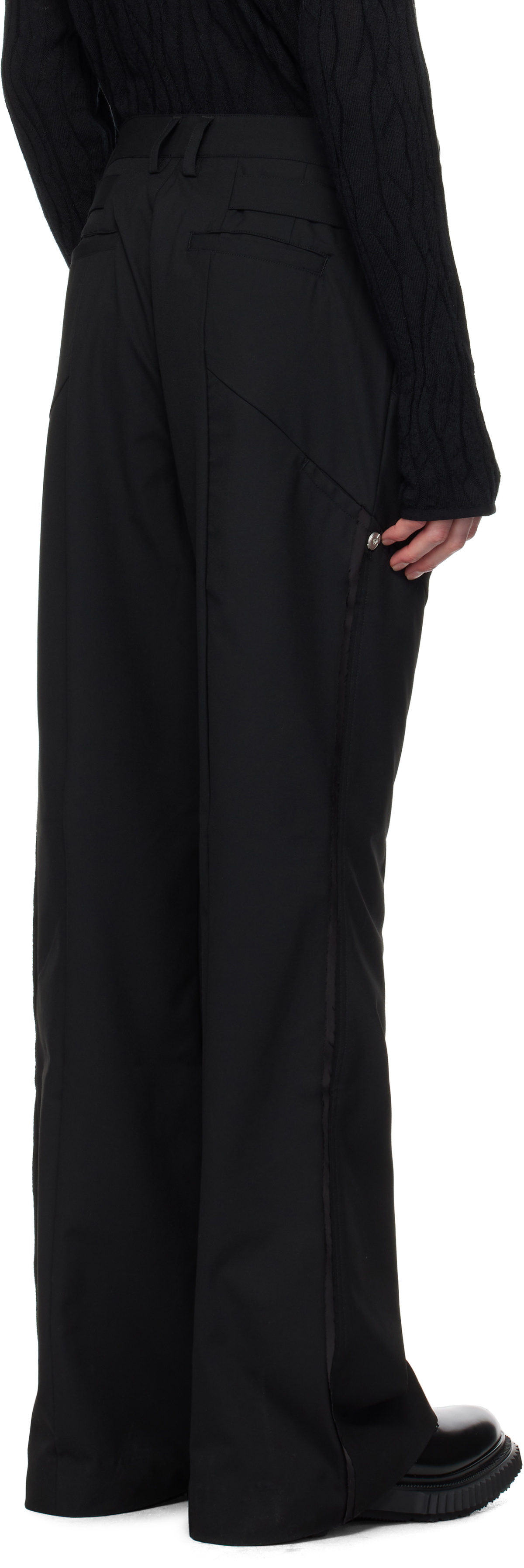 C2H4 Black Paneled Wide Leg Tailored Trousers