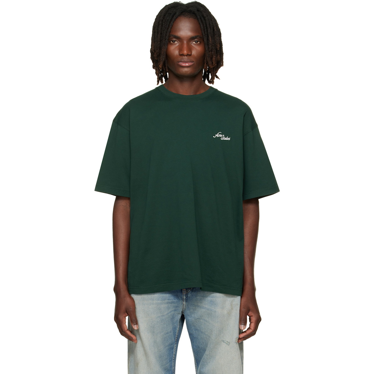 Acne Studios Green Embroidered-Logo T-shirt