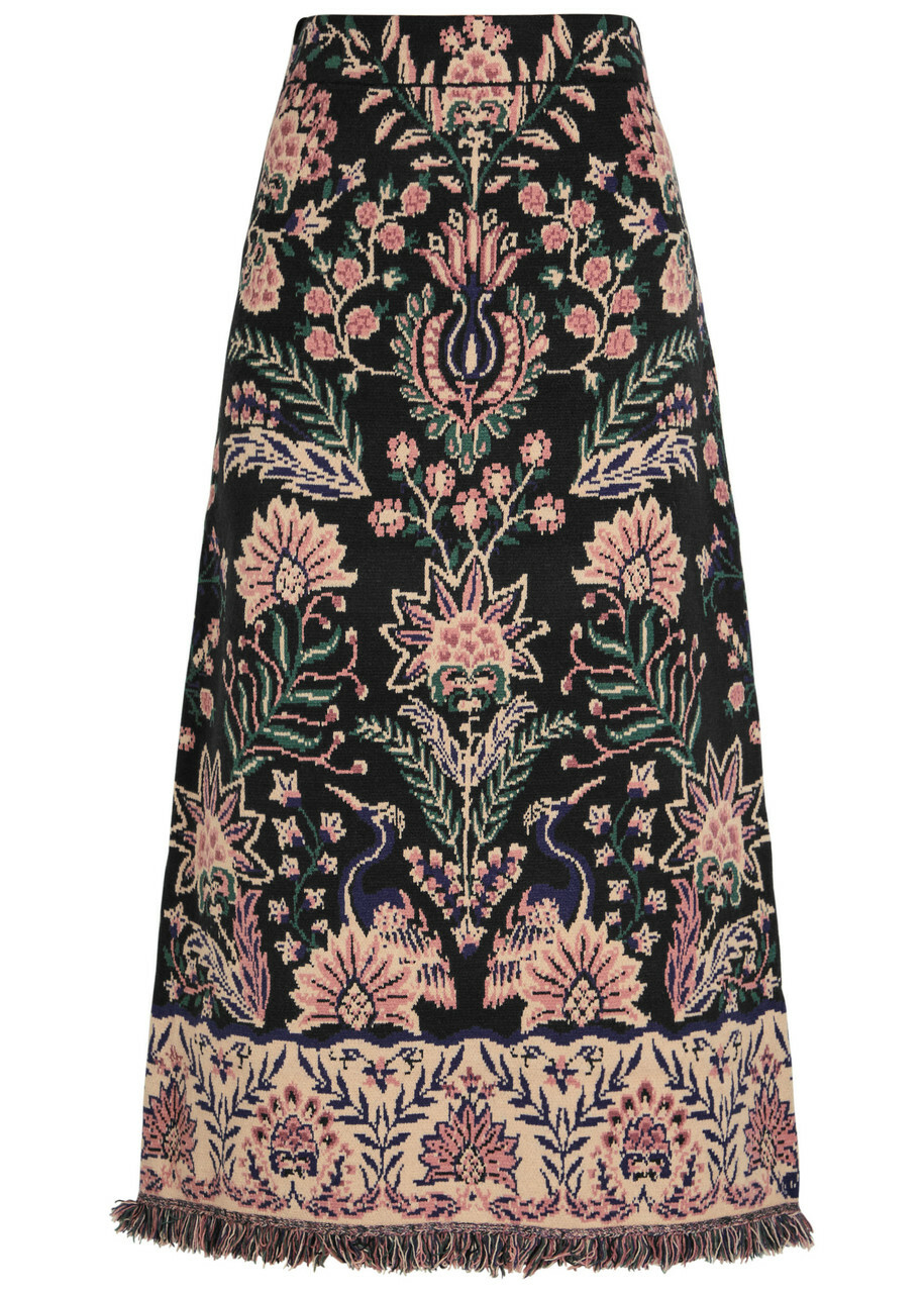 Farm Rio Marvelous Garden Floral-jacquard Knit Midi Skirt Black