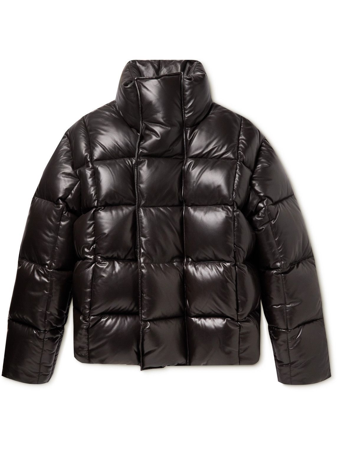 Quilted Leather Hooded Down Jacket