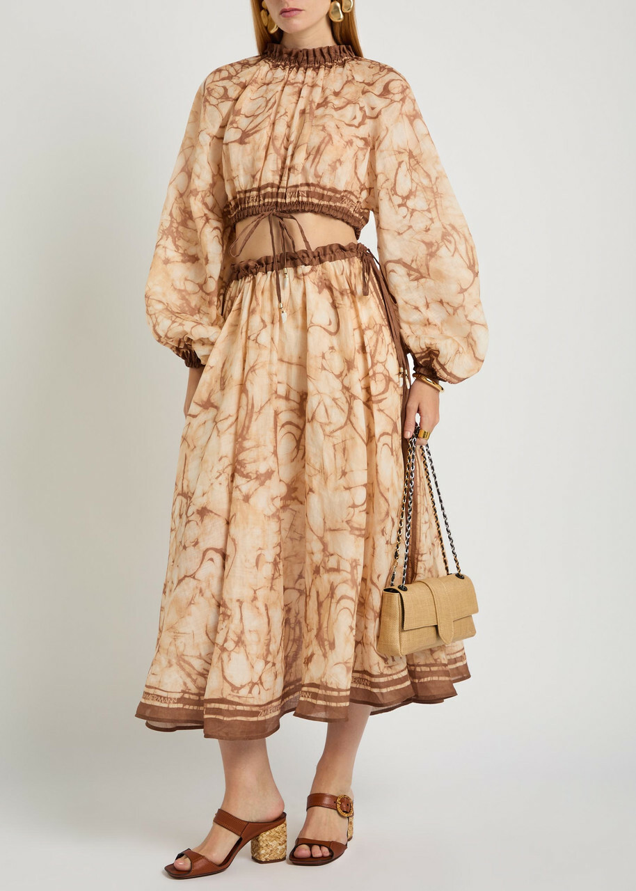 Zimmermann Indra Printed Rami Midi Skirt Brown